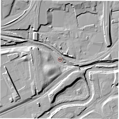 Shaded relief map of the ground around S601AB, computed from Environment Agency LiDAR. The ground here sits at about 28 m above sea level and falls 15 m across the surrounding 800 m. Surface water reaching this point runs off ground lying to the south-west, 9.9 m higher.
