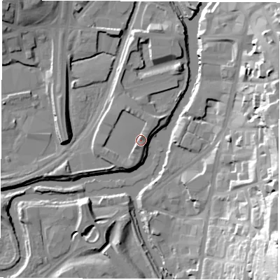 Shaded relief map of the ground around S601AQ, computed from Environment Agency LiDAR. The ground here sits at about 28 m above sea level and falls 45 m across the surrounding 800 m. Surface water reaching this point runs off ground lying to the north-north-east, 2.1 m higher.