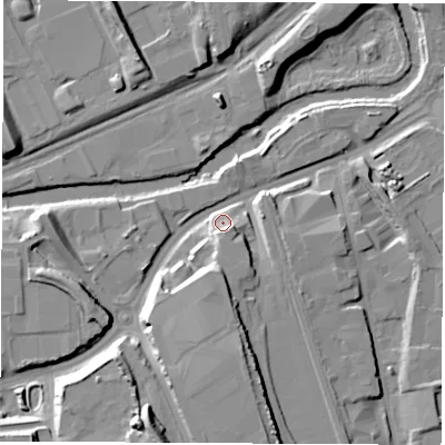 Shaded relief map of the ground around S601BN, computed from Environment Agency LiDAR. The ground here sits at about 30 m above sea level and falls 22 m across the surrounding 800 m. Surface water reaching this point runs off ground lying to the south-south-west, 19.2 m higher.