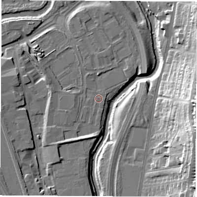 Shaded relief map of the ground around S601BP, computed from Environment Agency LiDAR. The ground here sits at about 28 m above sea level and falls 35 m across the surrounding 800 m. Surface water reaching this point runs off ground lying to the south-west, 4.6 m higher.