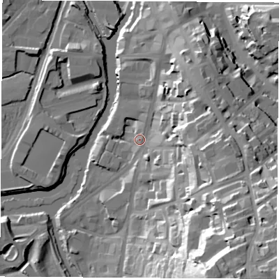 Shaded relief map of the ground around S601BQ, computed from Environment Agency LiDAR. The ground here sits at about 29 m above sea level and falls 57 m across the surrounding 800 m. Surface water reaching this point runs off ground lying to the east-south-east, 31.8 m higher.