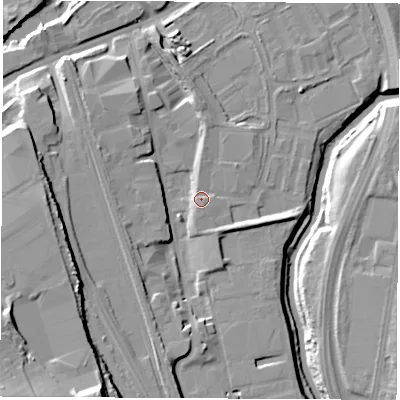 Shaded relief map of the ground around S601BW, computed from Environment Agency LiDAR. The ground here sits at about 31 m above sea level and falls 22 m across the surrounding 800 m. Surface water reaching this point runs off ground lying to the north, 0.9 m higher.