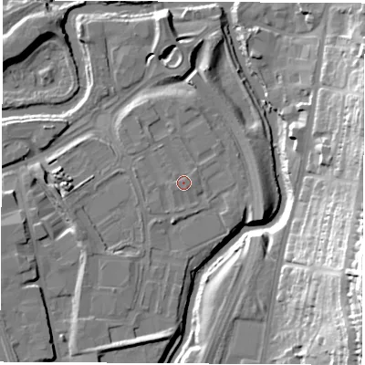 Shaded relief map of the ground around S601BX, computed from Environment Agency LiDAR. The ground here sits at about 28 m above sea level and falls 41 m across the surrounding 800 m. Surface water reaching this point runs off ground lying to the north-east, 0.7 m higher.