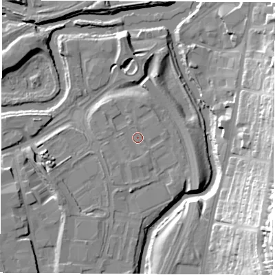 Shaded relief map of the ground around S601BY, computed from Environment Agency LiDAR. The ground here sits at about 28 m above sea level and falls 40 m across the surrounding 800 m. Surface water reaching this point runs off ground lying to the south-east, 0.8 m higher.