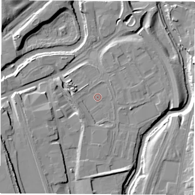 Shaded relief map of the ground around S601BZ, computed from Environment Agency LiDAR. The ground here sits at about 28 m above sea level and falls 16 m across the surrounding 800 m. Surface water reaching this point runs off ground lying to the south-west, 3.2 m higher.