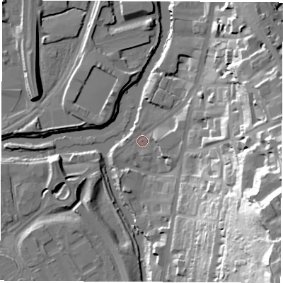 Shaded relief map of the ground around S601DA, computed from Environment Agency LiDAR. The ground here sits at about 26 m above sea level and falls 64 m across the surrounding 800 m. Surface water reaching this point runs off ground lying to the south-east, 53.6 m higher.