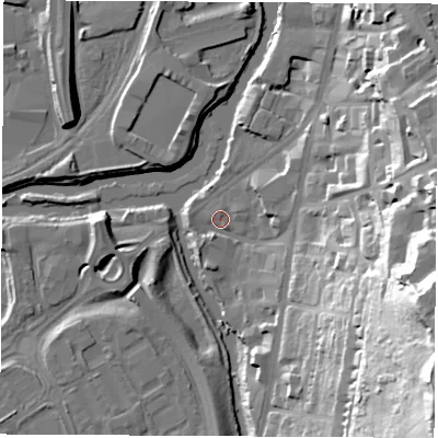 Shaded relief map of the ground around S601DE, computed from Environment Agency LiDAR. The ground here sits at about 26 m above sea level and falls 63 m across the surrounding 800 m. Surface water reaching this point runs off ground lying to the east-south-east, 53.6 m higher.