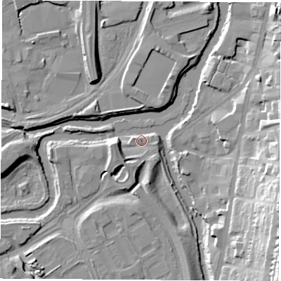Shaded relief map of the ground around S601DF, computed from Environment Agency LiDAR. The ground here sits at about 26 m above sea level and falls 27 m across the surrounding 800 m. Surface water reaching this point runs off ground lying to the south-east, 25.9 m higher.