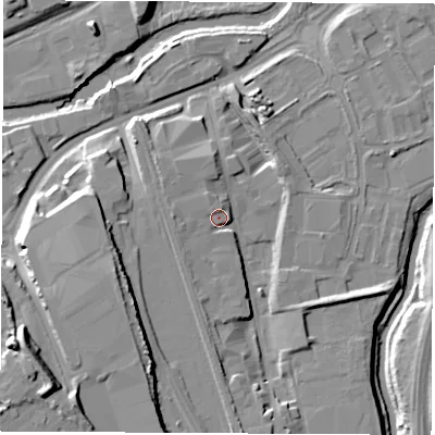 Shaded relief map of the ground around S601DH, computed from Environment Agency LiDAR. The ground here sits at about 31 m above sea level and falls 22 m across the surrounding 800 m. Surface water reaching this point runs off ground lying to the west, 3.9 m higher.