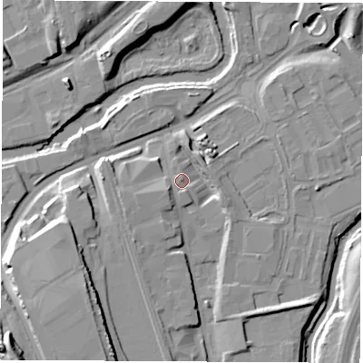 Shaded relief map of the ground around S601DJ, computed from Environment Agency LiDAR. The ground here sits at about 29 m above sea level and falls 22 m across the surrounding 800 m. Surface water reaching this point runs off ground lying to the west-south-west, 7.6 m higher.