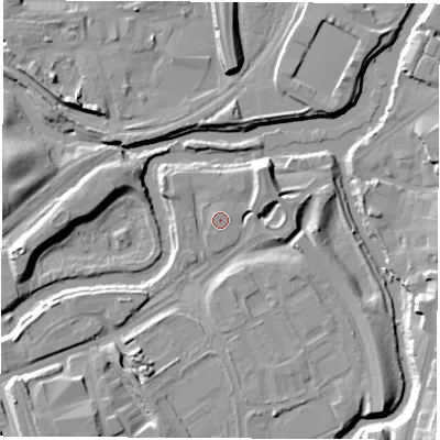 Shaded relief map of the ground around S601DS, computed from Environment Agency LiDAR. The ground here sits at about 27 m above sea level and falls 13 m across the surrounding 800 m. Surface water reaching this point runs off ground lying to the north-west, 0.7 m higher.