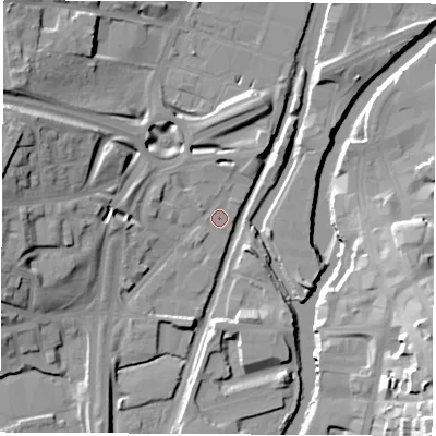 Shaded relief map of the ground around S601ED, computed from Environment Agency LiDAR. The ground here sits at about 25 m above sea level and falls 30 m across the surrounding 800 m. Surface water reaching this point runs off ground lying to the west, 14.9 m higher.
