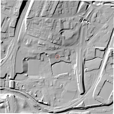 Shaded relief map of the ground around S601EF, computed from Environment Agency LiDAR. The ground here sits at about 30 m above sea level and falls 24 m across the surrounding 800 m. Surface water reaching this point runs off ground lying to the north-west, 8.2 m higher.