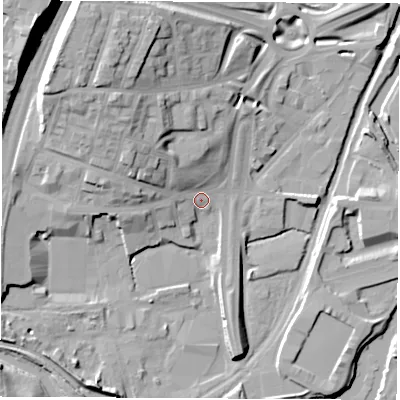 Shaded relief map of the ground around S601EG, computed from Environment Agency LiDAR. The ground here sits at about 28 m above sea level and falls 25 m across the surrounding 800 m. Surface water reaching this point runs off ground lying to the north-west, 14.3 m higher.