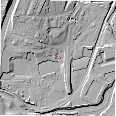 Shaded relief map of the ground around S601EH, computed from Environment Agency LiDAR. The ground here sits at about 26 m above sea level and falls 23 m across the surrounding 800 m. Surface water reaching this point runs off ground lying to the north-north-west, 15.3 m higher.