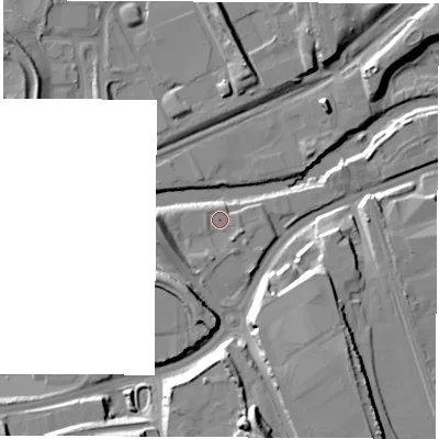 Shaded relief map of the ground around S601EN, computed from Environment Agency LiDAR. The ground here sits at about 28 m above sea level and falls 22 m across the surrounding 800 m. Surface water reaching this point runs off ground lying to the west, 6.8 m higher.