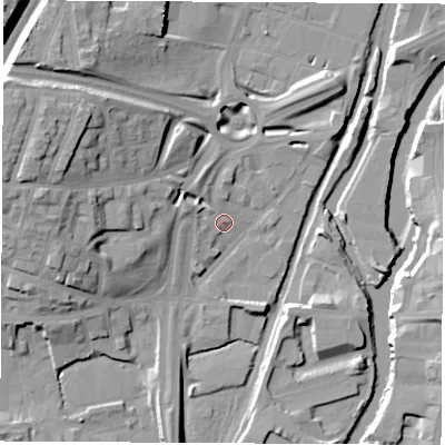 Shaded relief map of the ground around S601EP, computed from Environment Agency LiDAR. The ground here sits at about 27 m above sea level and falls 26 m across the surrounding 800 m. Surface water reaching this point runs off ground lying to the west-north-west, 8.5 m higher.