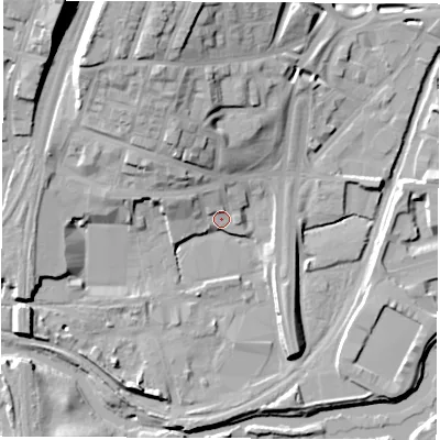 Shaded relief map of the ground around S601EQ, computed from Environment Agency LiDAR. The ground here sits at about 28 m above sea level and falls 23 m across the surrounding 800 m. Surface water reaching this point runs off ground lying to the north-north-west, 21.3 m higher.