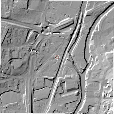 Shaded relief map of the ground around S601ER, computed from Environment Agency LiDAR. The ground here sits at about 25 m above sea level and falls 29 m across the surrounding 800 m. Surface water reaching this point runs off ground lying to the west, 15.8 m higher.