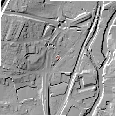 Shaded relief map of the ground around S601ET, computed from Environment Agency LiDAR. The ground here sits at about 27 m above sea level and falls 26 m across the surrounding 800 m. Surface water reaching this point runs off ground lying to the west, 15.7 m higher.