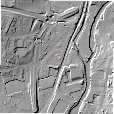Shaded relief map of the ground around S601EW, computed from Environment Agency LiDAR. The ground here sits at about 26 m above sea level and falls 25 m across the surrounding 800 m. Surface water reaching this point runs off ground lying to the south, 3.1 m higher.