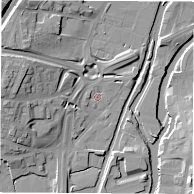 Shaded relief map of the ground around S601EX, computed from Environment Agency LiDAR. The ground here sits at about 26 m above sea level and falls 25 m across the surrounding 800 m. Surface water reaching this point runs off ground lying to the west, 2.4 m higher.