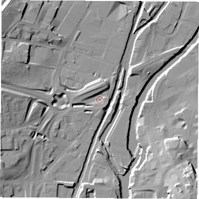 Shaded relief map of the ground around S601EY, computed from Environment Agency LiDAR. The ground here sits at about 26 m above sea level and falls 27 m across the surrounding 800 m. Surface water reaching this point runs off ground lying to the west-south-west, 6.6 m higher.