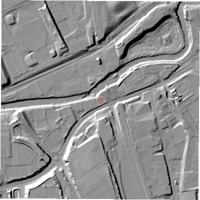 Shaded relief map of the ground around S601FA, computed from Environment Agency LiDAR. The ground here sits at about 27 m above sea level and falls 18 m across the surrounding 800 m. Surface water reaching this point runs off ground lying to the south-west, 15.3 m higher.