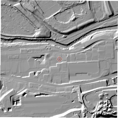 Shaded relief map of the ground around S601FE, computed from Environment Agency LiDAR. The ground here sits at about 33 m above sea level and falls 31 m across the surrounding 800 m. Surface water reaching this point runs off ground lying to the south-east, 3.0 m higher.