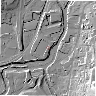 Shaded relief map of the ground around S601FJ, computed from Environment Agency LiDAR. The ground here sits at about 28 m above sea level and falls 47 m across the surrounding 800 m. Surface water reaching this point runs off ground lying to the west-south-west, 2.1 m higher.