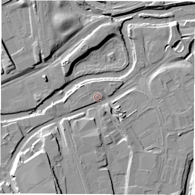 Shaded relief map of the ground around S601FL, computed from Environment Agency LiDAR. The ground here sits at about 27 m above sea level and falls 17 m across the surrounding 800 m. Surface water reaching this point runs off ground lying to the west, 3.2 m higher.