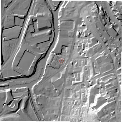 Shaded relief map of the ground around S601FQ, computed from Environment Agency LiDAR. The ground here sits at about 28 m above sea level and falls 57 m across the surrounding 800 m. Surface water reaching this point runs off ground lying to the east-south-east, 32.7 m higher.