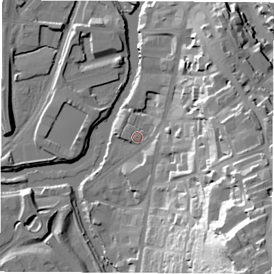 Shaded relief map of the ground around S601FR, computed from Environment Agency LiDAR. The ground here sits at about 28 m above sea level and falls 60 m across the surrounding 800 m. The ground contributing surface water to this point lies to the north-east.