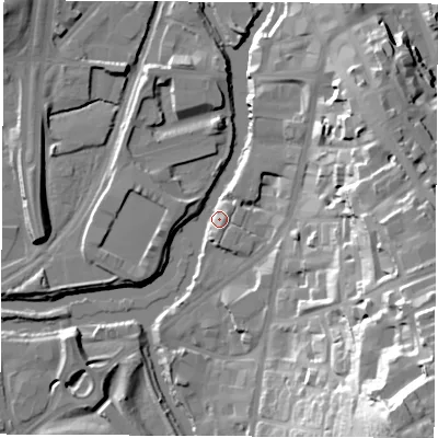 Shaded relief map of the ground around S601FS, computed from Environment Agency LiDAR. The ground here sits at about 27 m above sea level and falls 57 m across the surrounding 800 m. Surface water reaching this point runs off ground lying to the south-east, 55.0 m higher.