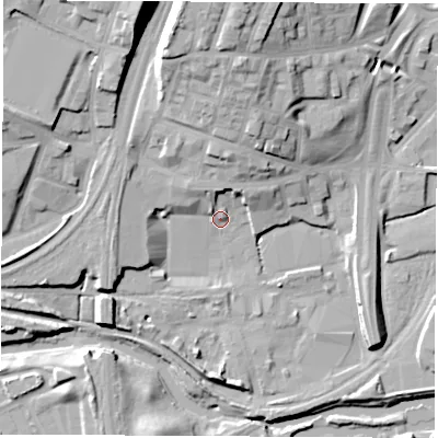 Shaded relief map of the ground around S601HB, computed from Environment Agency LiDAR. The ground here sits at about 28 m above sea level and falls 23 m across the surrounding 800 m. Surface water reaching this point runs off ground lying to the north, 15.9 m higher.
