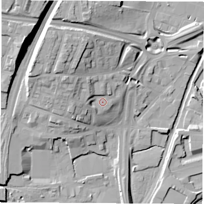 Shaded relief map of the ground around S601HG, computed from Environment Agency LiDAR. The ground here sits at about 33 m above sea level and falls 25 m across the surrounding 800 m. Surface water reaching this point runs off ground lying to the west-north-west, 8.5 m higher.