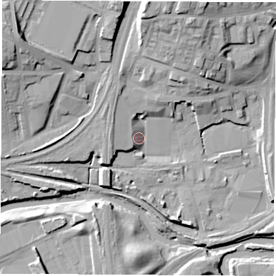 Shaded relief map of the ground around S601HR, computed from Environment Agency LiDAR. The ground here sits at about 29 m above sea level and falls 24 m across the surrounding 800 m. Surface water reaching this point runs off ground lying to the north-north-east, 17.9 m higher.