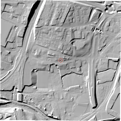 Shaded relief map of the ground around S601HW, computed from Environment Agency LiDAR. The ground here sits at about 33 m above sea level and falls 25 m across the surrounding 800 m. Surface water reaching this point runs off ground lying to the north-north-west, 4.0 m higher.