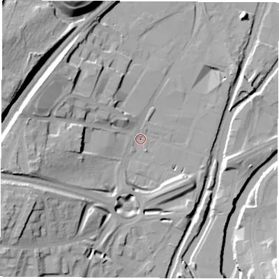 Shaded relief map of the ground around S601LD, computed from Environment Agency LiDAR. The ground here sits at about 25 m above sea level and falls 27 m across the surrounding 800 m. Surface water reaching this point runs off ground lying to the west-south-west, 21.7 m higher.