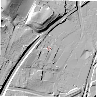 Shaded relief map of the ground around S601LH, computed from Environment Agency LiDAR. The ground here sits at about 30 m above sea level and falls 44 m across the surrounding 800 m. Surface water reaching this point runs off ground lying to the south-west, 4.7 m higher.