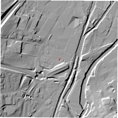 Shaded relief map of the ground around S601LU, computed from Environment Agency LiDAR. The ground here sits at about 25 m above sea level and falls 23 m across the surrounding 800 m. Surface water reaching this point runs off ground lying to the west-south-west, 19.5 m higher.