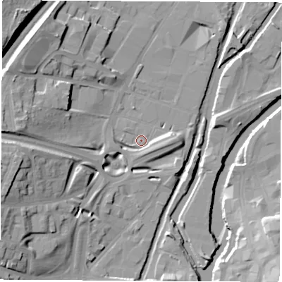 Shaded relief map of the ground around S601NA, computed from Environment Agency LiDAR. The ground here sits at about 26 m above sea level and falls 24 m across the surrounding 800 m. Surface water reaching this point runs off ground lying to the west, 20.2 m higher.