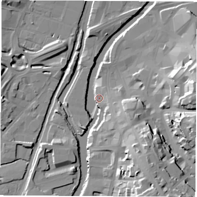 Shaded relief map of the ground around S601ND, computed from Environment Agency LiDAR. The ground here sits at about 27 m above sea level and falls 32 m across the surrounding 800 m. Surface water reaching this point runs off ground lying to the south-east, 31.5 m higher.
