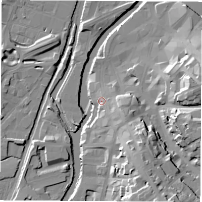 Shaded relief map of the ground around S601NG, computed from Environment Agency LiDAR. The ground here sits at about 29 m above sea level and falls 34 m across the surrounding 800 m. Surface water reaching this point runs off ground lying to the south-east, 9.8 m higher.