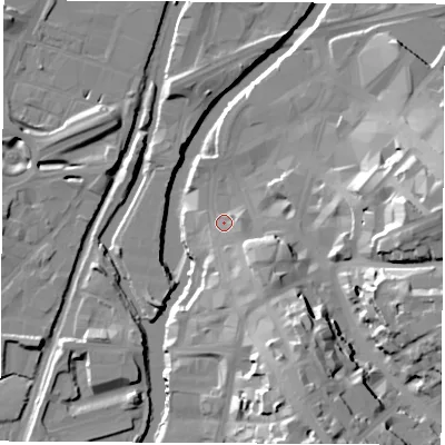 Shaded relief map of the ground around S601NP, computed from Environment Agency LiDAR. The ground here sits at about 27 m above sea level and falls 31 m across the surrounding 800 m. Surface water reaching this point runs off ground lying to the south-south-east, 11.3 m higher.