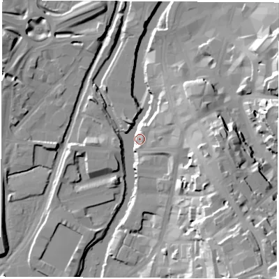 Shaded relief map of the ground around S601NU, computed from Environment Agency LiDAR. The ground here sits at about 29 m above sea level and falls 41 m across the surrounding 800 m. Surface water reaching this point runs off ground lying to the east-south-east, 23.8 m higher.