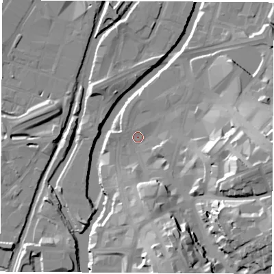 Shaded relief map of the ground around S601PH, computed from Environment Agency LiDAR. The ground here sits at about 25 m above sea level and falls 32 m across the surrounding 800 m. Surface water reaching this point runs off ground lying to the south-east, 27.1 m higher.