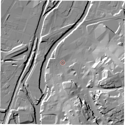 Shaded relief map of the ground around S601PJ, computed from Environment Agency LiDAR. The ground here sits at about 25 m above sea level and falls 32 m across the surrounding 800 m. Surface water reaching this point runs off ground lying to the south-east, 27.1 m higher.