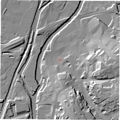 Shaded relief map of the ground around S601PL, computed from Environment Agency LiDAR. The ground here sits at about 26 m above sea level and falls 32 m across the surrounding 800 m. Surface water reaching this point runs off ground lying to the east-south-east, 27.0 m higher.
