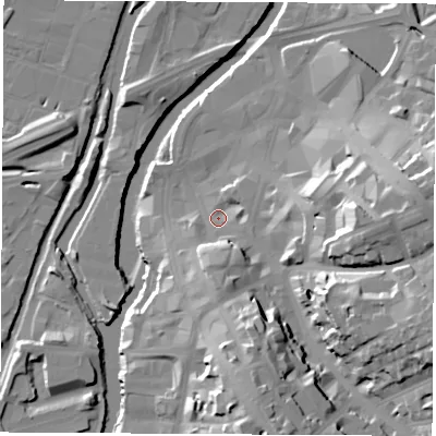 Shaded relief map of the ground around S601PN, computed from Environment Agency LiDAR. The ground here sits at about 27 m above sea level and falls 33 m across the surrounding 800 m. Surface water reaching this point runs off ground lying to the east-south-east, 26.8 m higher.